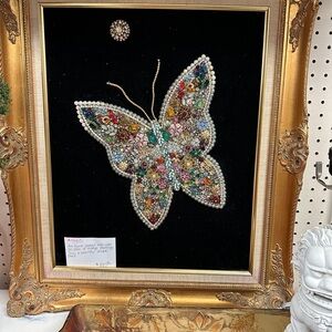 Colorful Beaded Butterfly Art in Gold Frame